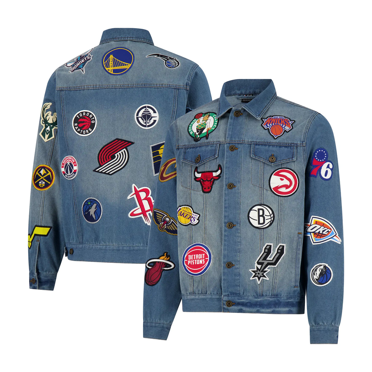 Ultra Game Men's NBA Official Distressed Multi-Team Denim Patch Jean Jacket | Multi-Team