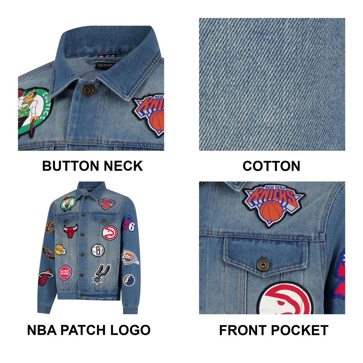 Ultra Game Men's NBA Official Distressed Multi-Team Denim Patch Jean Jacket | Multi-Team