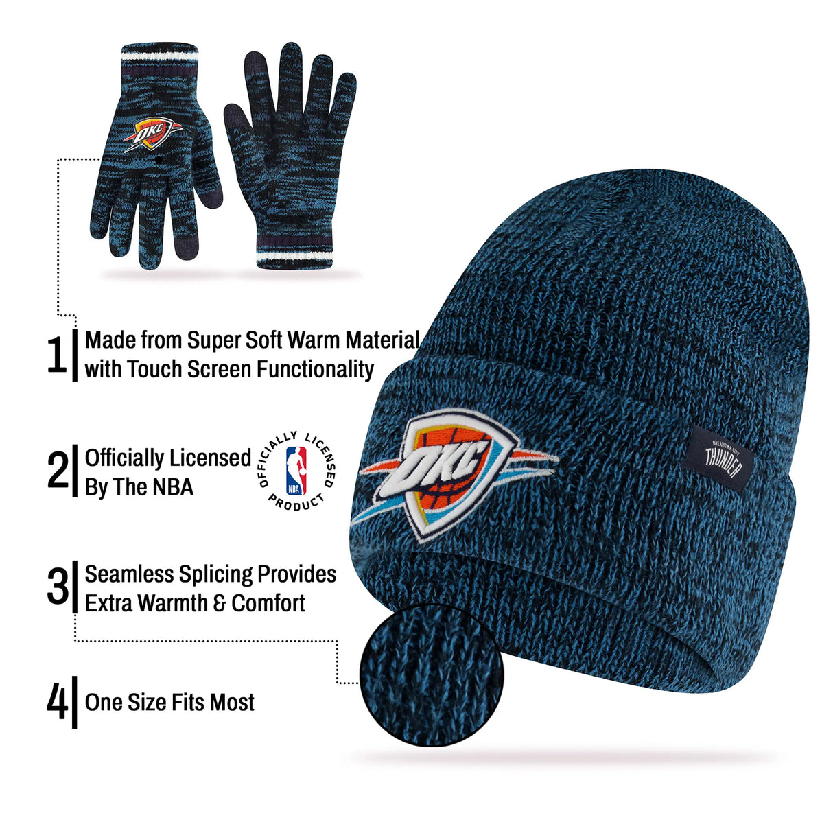 Ultra Game Men's NBA Official Super Soft Winter Beanie Knit Hat with Extra Warm Touch Screen Gloves | Oklahoma City Thunder