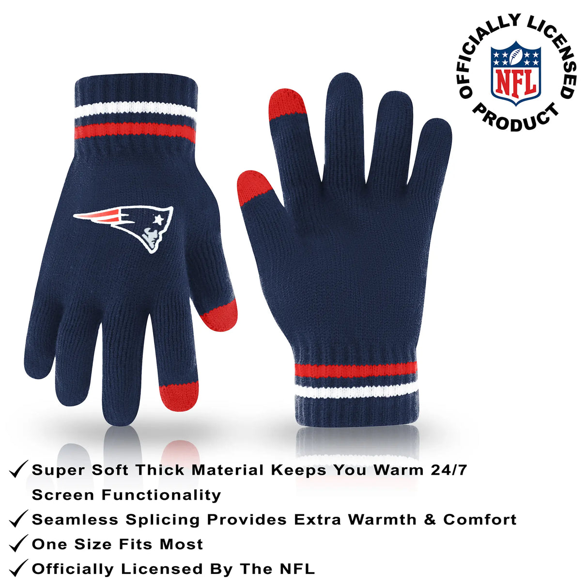 Ultra Game Youth NFL Official Super Soft Winter Beanie Knit Hat With Extra Warm Touch Screen Gloves | New England Patriots