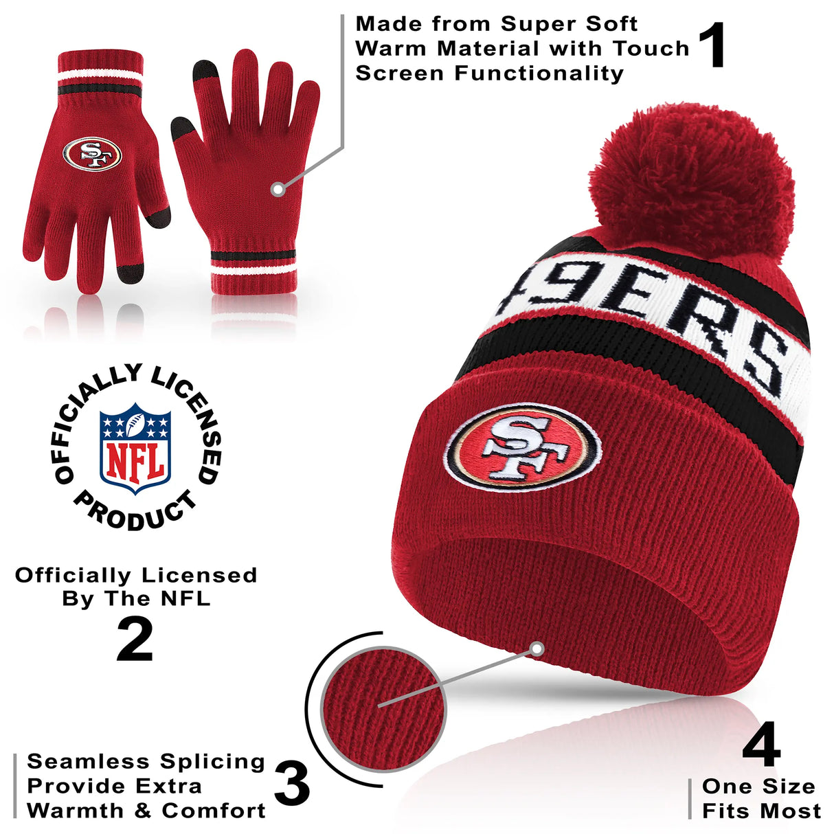 Ultra Game Youth NFL Official Super Soft Winter Beanie Knit Hat With Extra Warm Touch Screen Gloves | San Francisco 49ers