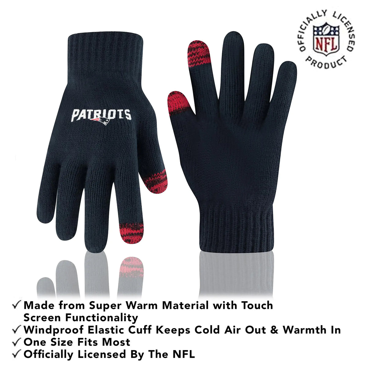 Ultra Game Youth NFL Official Super Soft Two Tone Winter Beanie Knit Hat with Extra Warm Touch Screen Gloves | New England Patriots