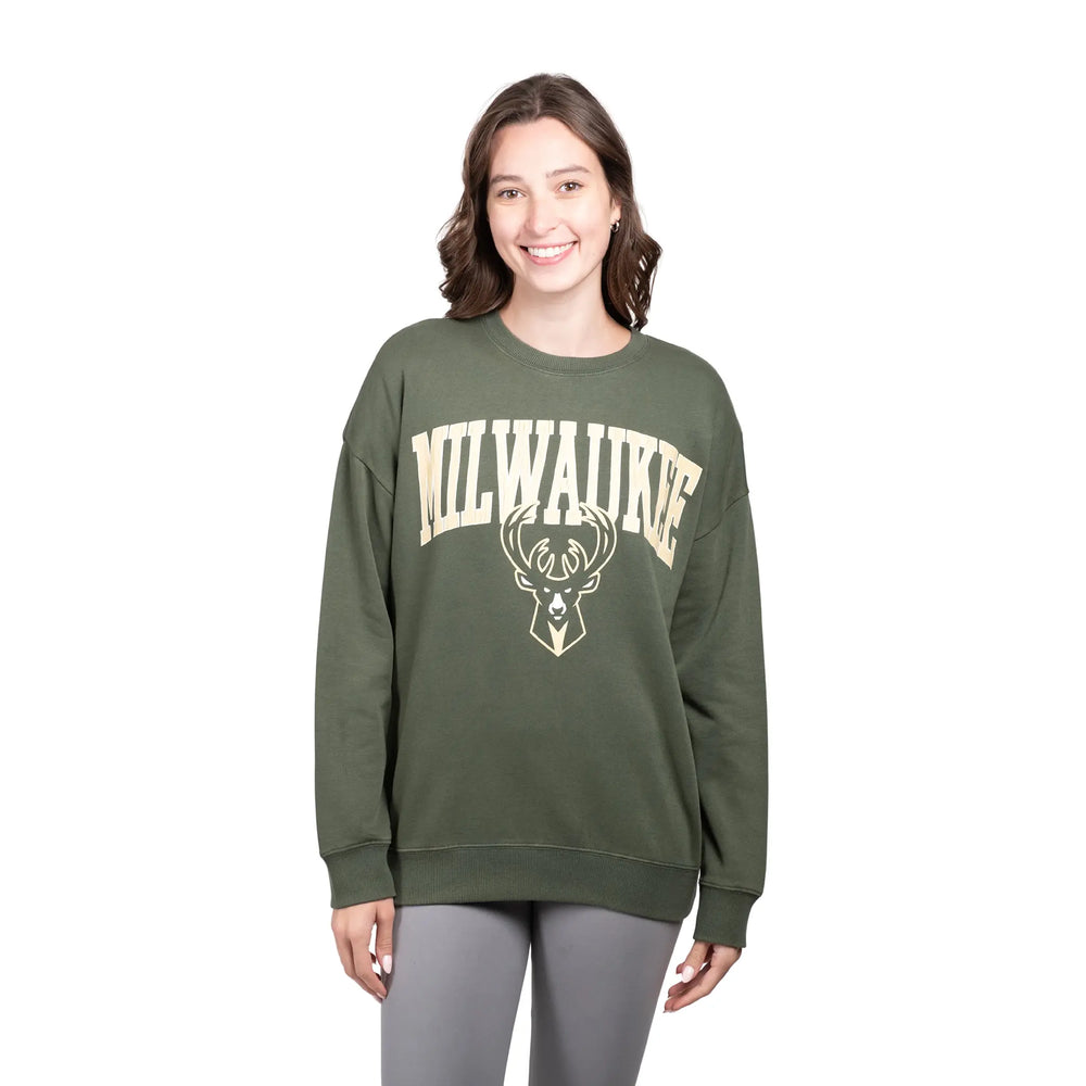 Ultra Game Women's NBA Official Extra Soft Fleece Distressed Oversized Pullover Sweatshirt | Milwaukee Bucks