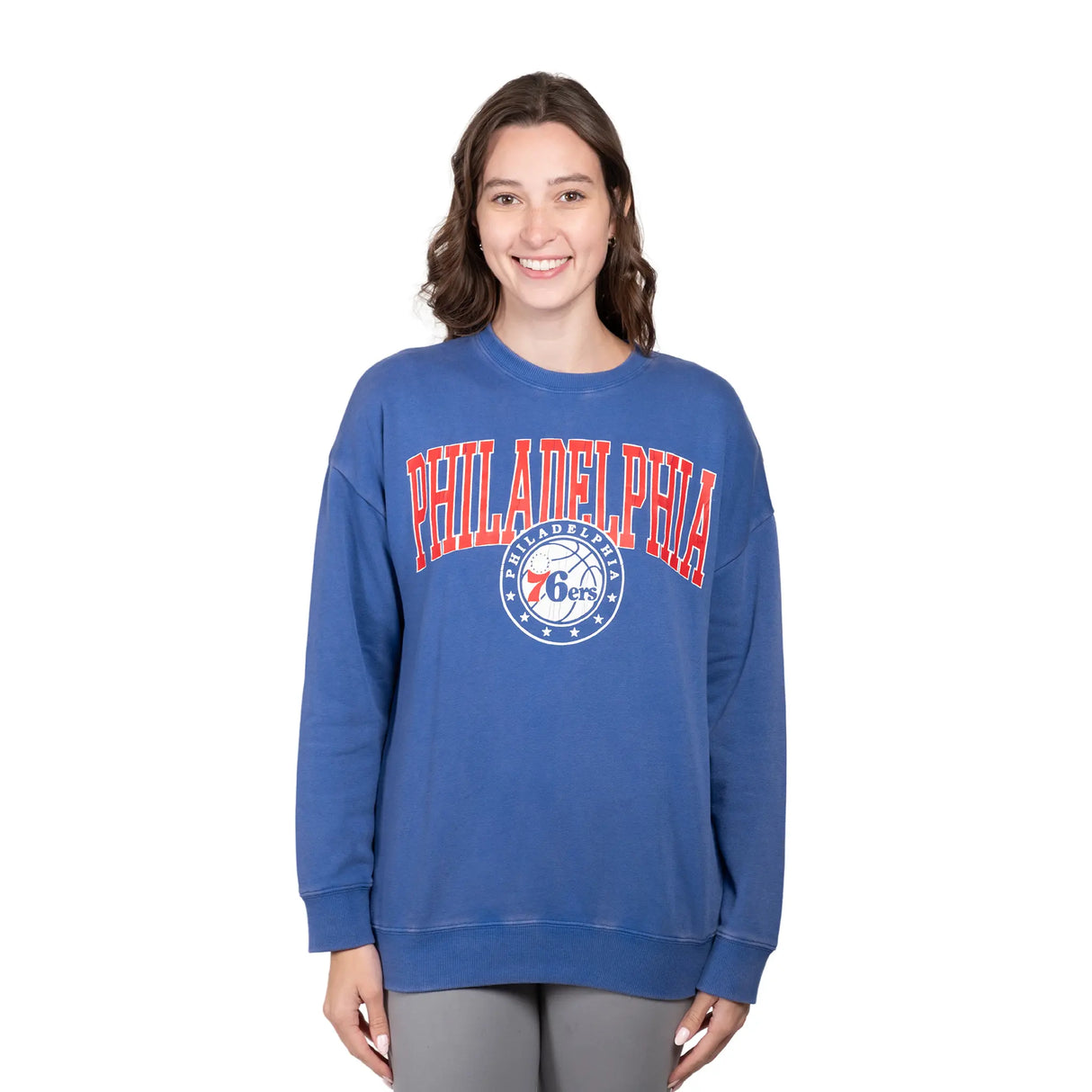 Ultra Game Women's NBA Official Extra Soft Fleece Distressed Oversized Pullover Sweatshirt | Philadelphia 76ers