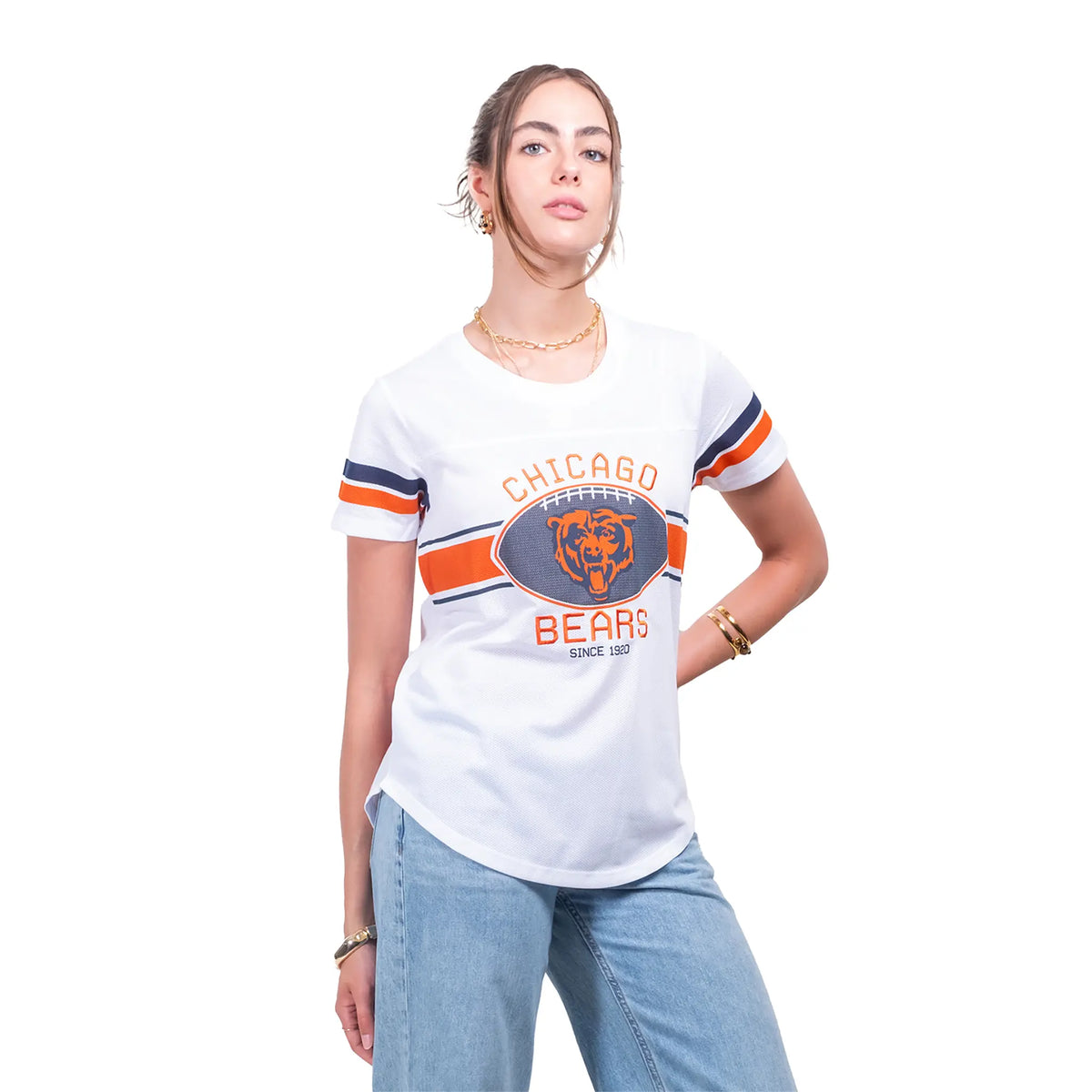 Ultra Game Women's NFL Official Soft Mesh Varsity Stripe T-Shirt | Chicago Bears