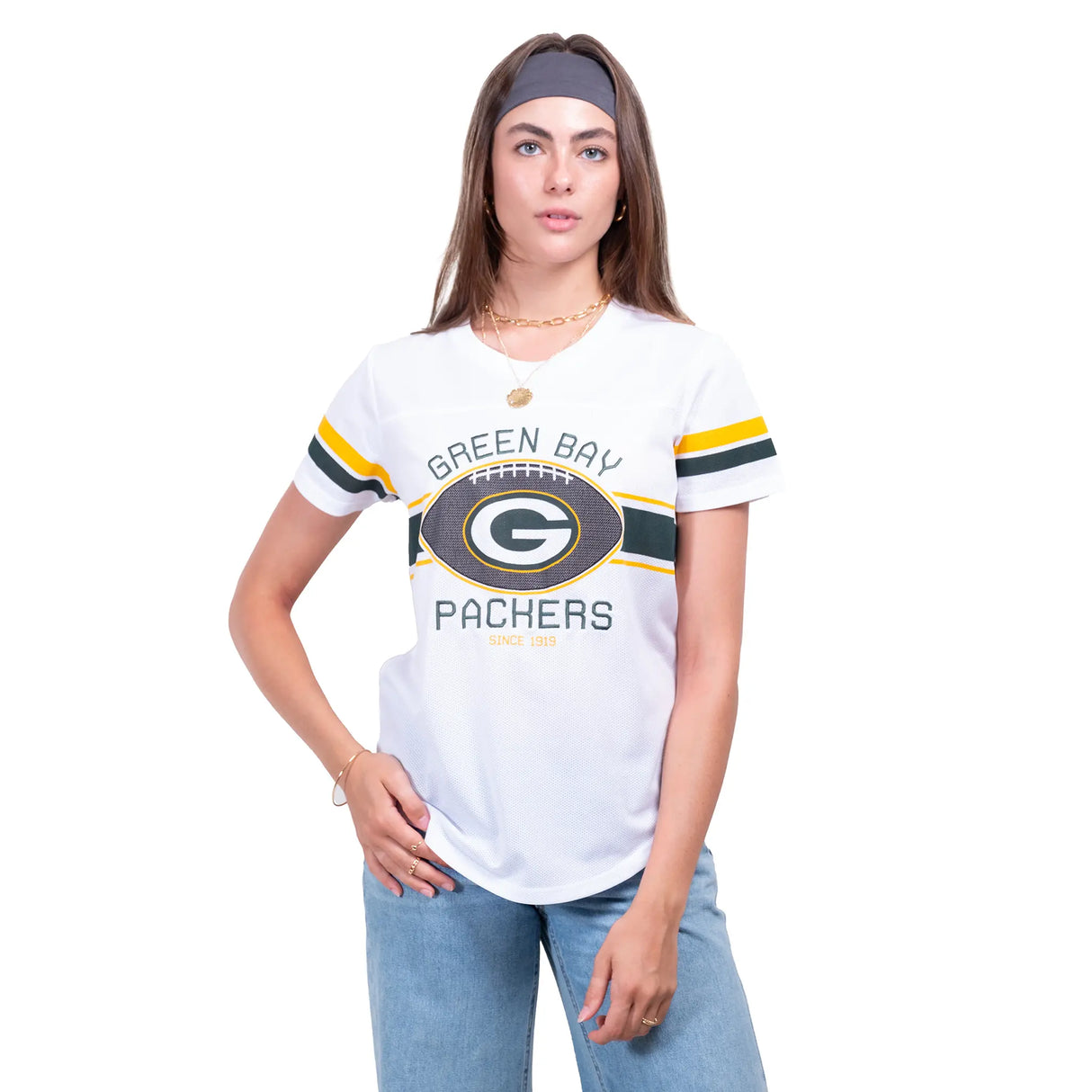 Ultra Game Women's NFL Official Soft Mesh Varsity Stripe T-Shirt