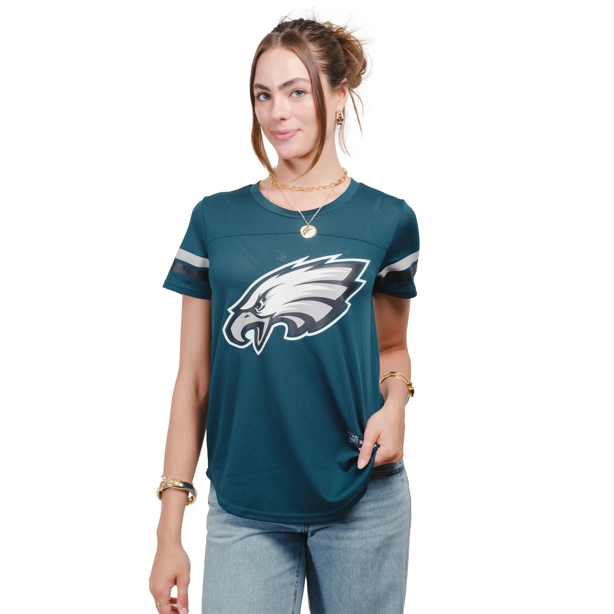 Ultra Game Women's NFL Official Soft Mesh Varsity Stripe T-Shirt | Philadelphia Eagles
