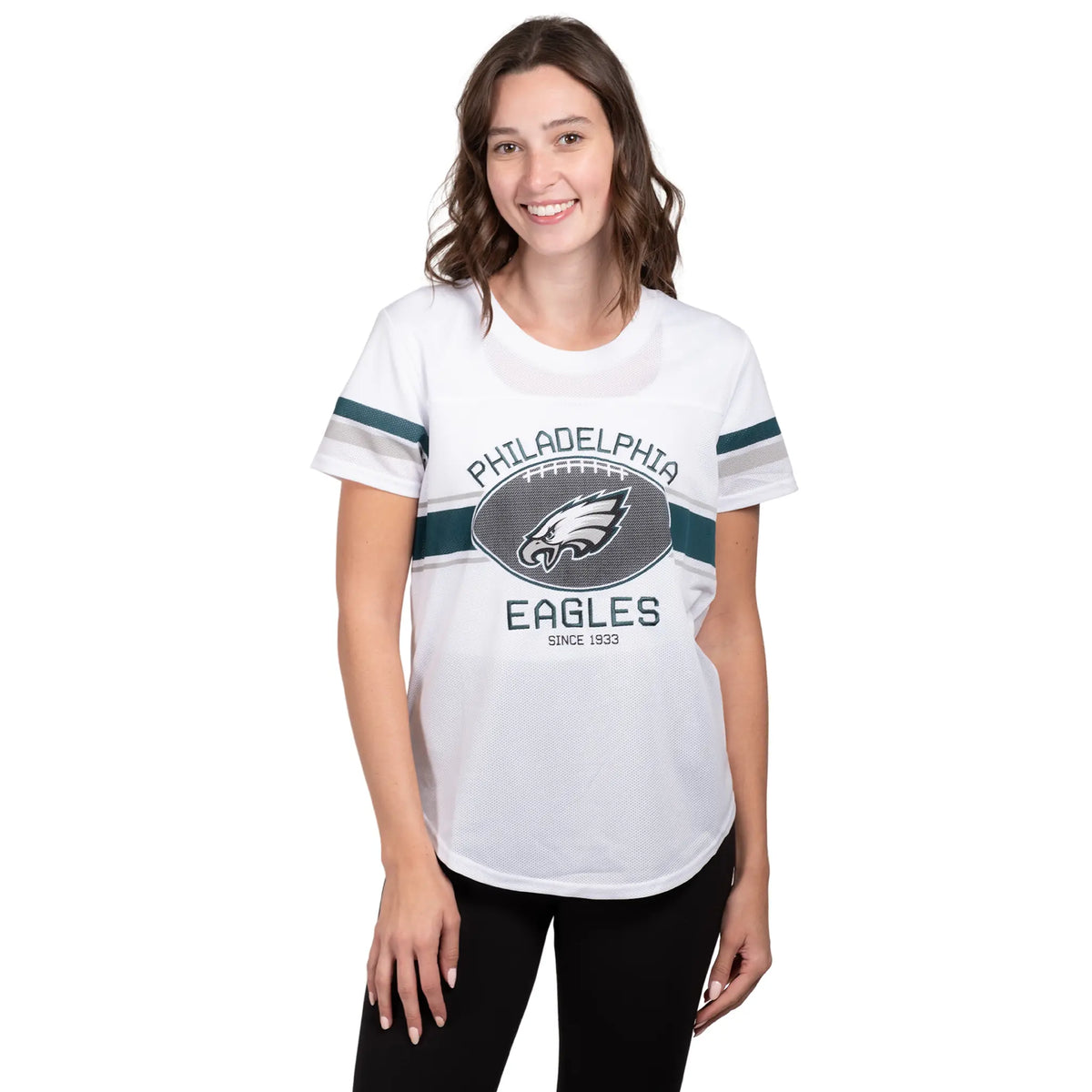 Ultra Game Women's NFL Official Soft Mesh Varsity Stripe T-Shirt | Philadelphia Eagles