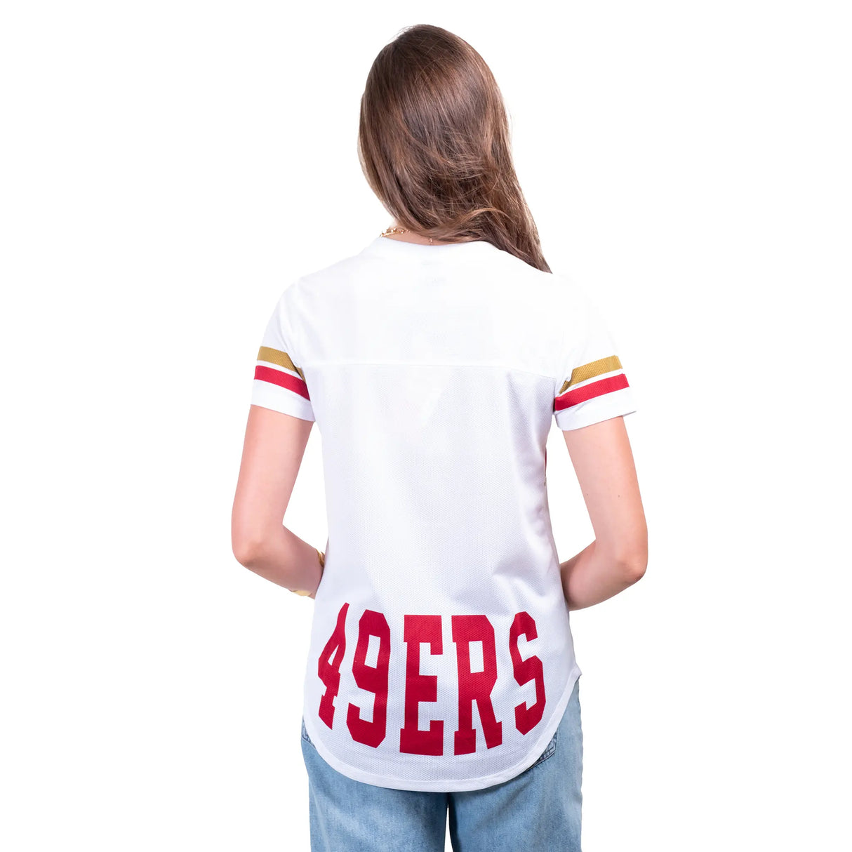 Ultra Game Women's NFL Official Soft Mesh Varsity Stripe T-Shirt | San Francisco 49ers