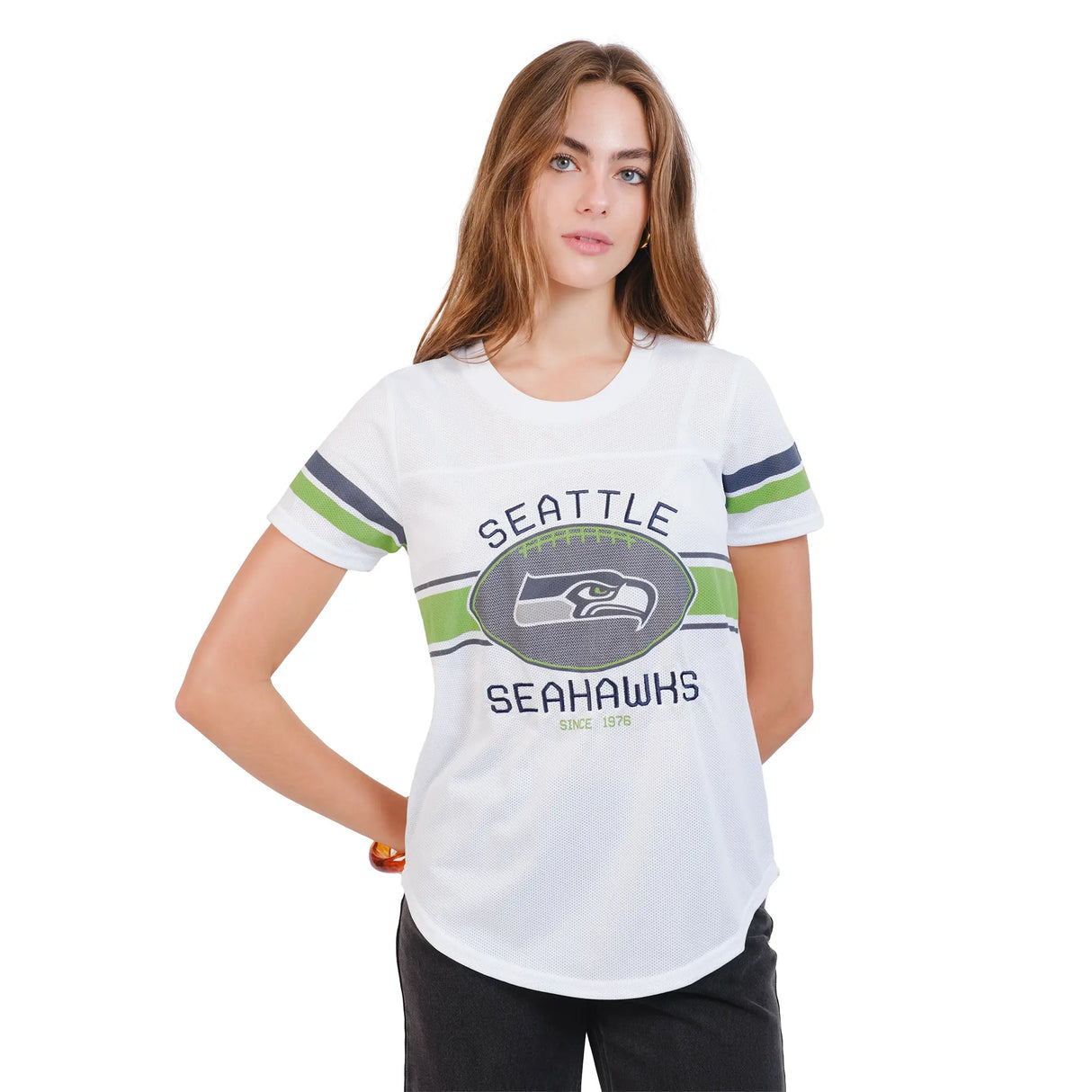 Ultra Game Women's NFL Official Soft Mesh Varsity Stripe T-Shirt | Seattle Seahawks