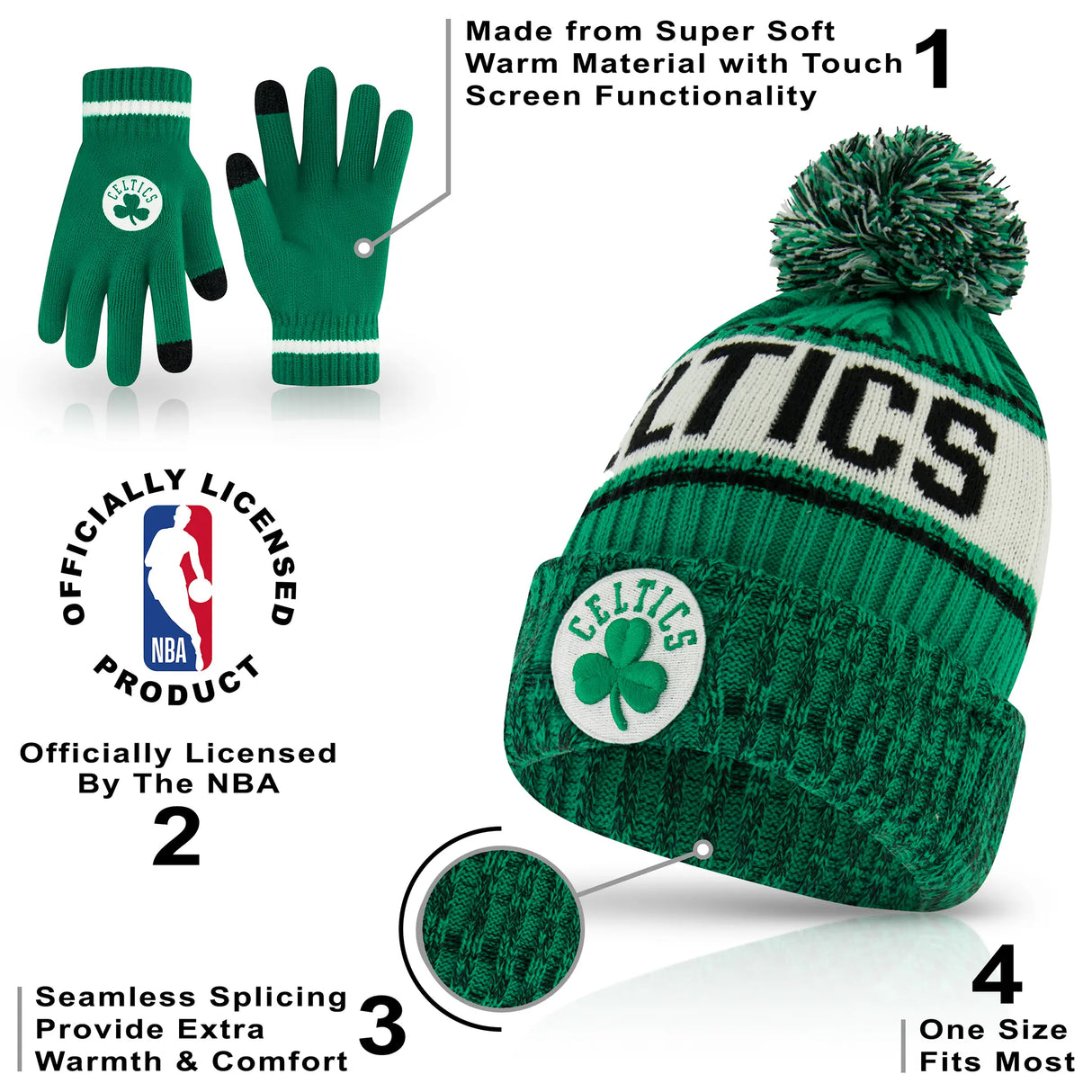 Ultra Game Youth NBA Official Super Soft Winter Beanie Knit Hat With Extra Warm Touch Screen Gloves | Boston Celtics