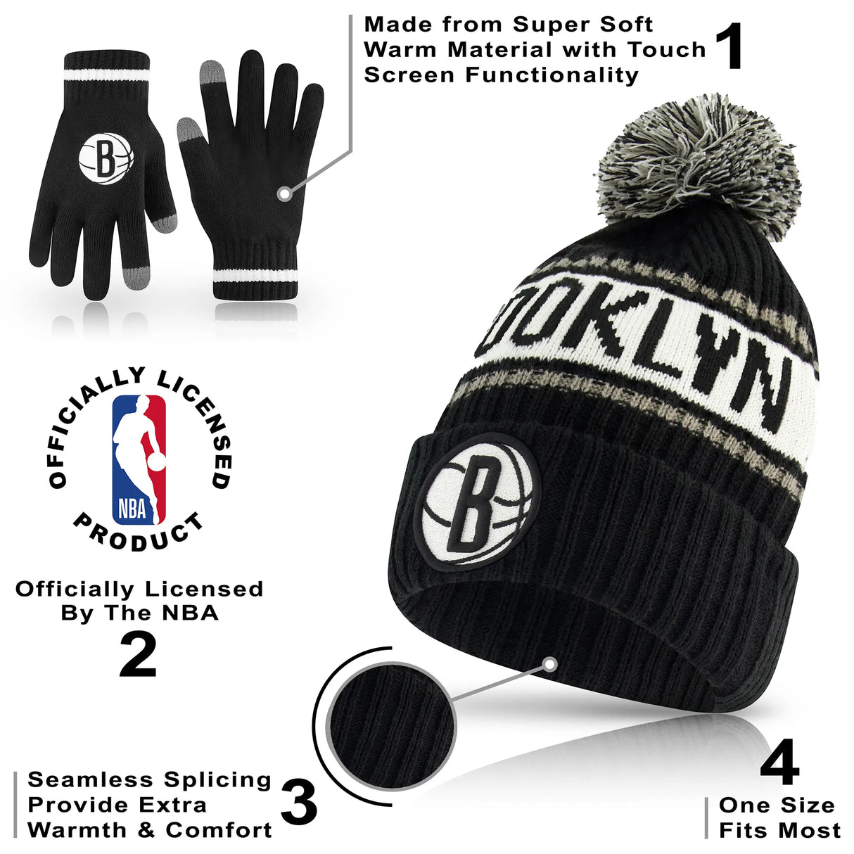 Ultra Game Youth NBA Official Super Soft Winter Beanie Knit Hat With Extra Warm Touch Screen Gloves | Brooklyn Nets
