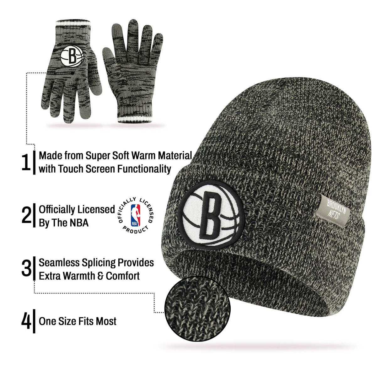 Ultra Game Youth NBA Official Super Soft Winter Beanie Knit Hat With Extra Warm Touch Screen Gloves | Brooklyn Nets