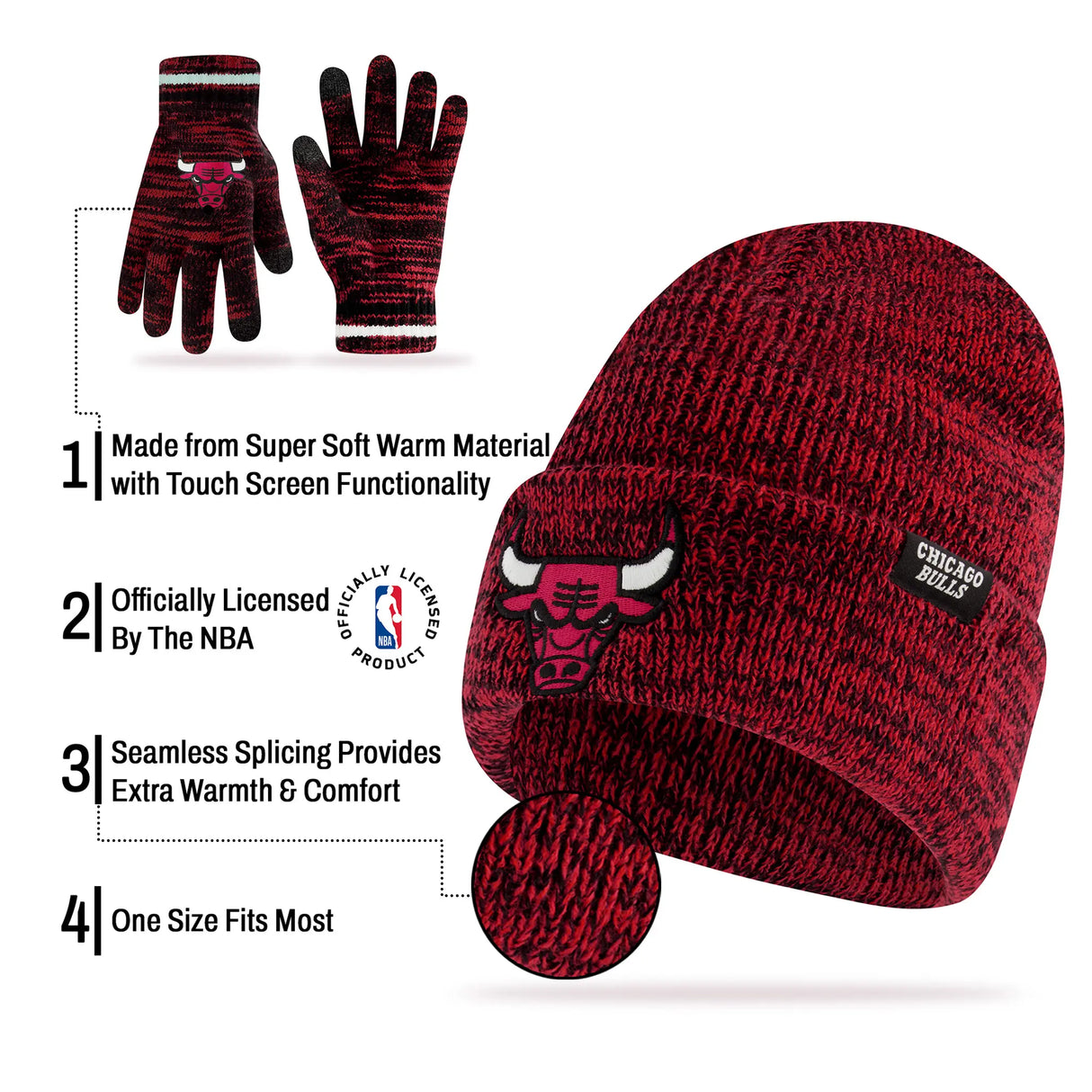 Ultra Game Youth NBA Official Super Soft Winter Beanie Knit Hat With Extra Warm Touch Screen Gloves | Chicago Bulls