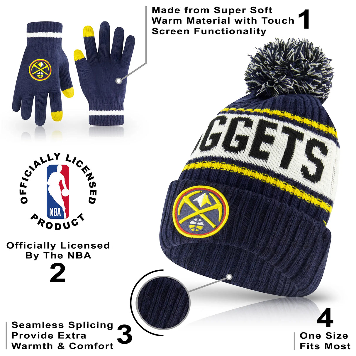 Ultra Game Youth NBA Official Super Soft Winter Beanie Knit Hat With Extra Warm Touch Screen Gloves | Denver Nuggets