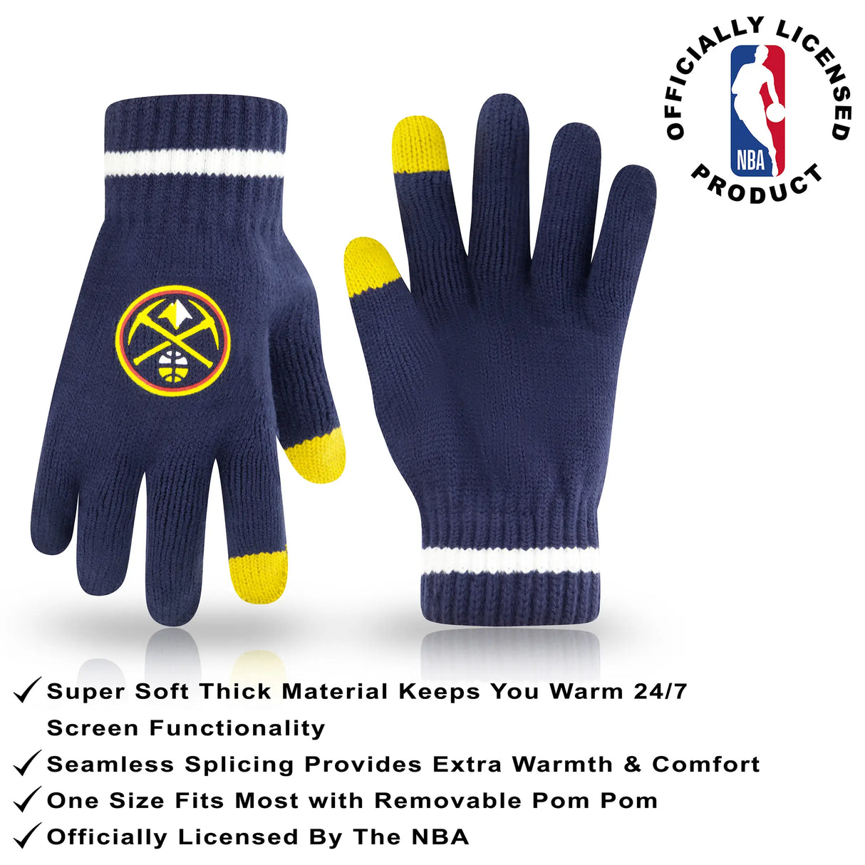 Ultra Game Youth NBA Official Super Soft Winter Beanie Knit Hat With Extra Warm Touch Screen Gloves | Denver Nuggets