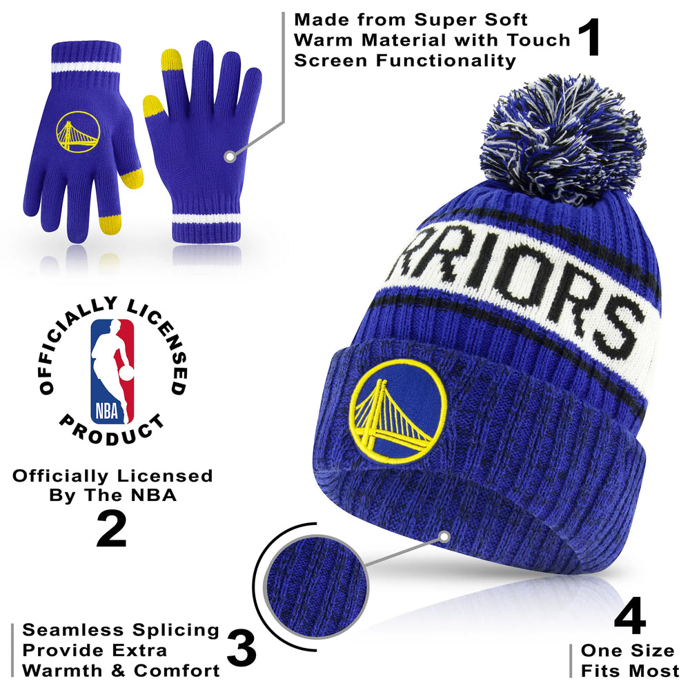 Ultra Game Youth NBA Official Super Soft Winter Beanie Knit Hat With Extra Warm Touch Screen Gloves | Golden State Warriors