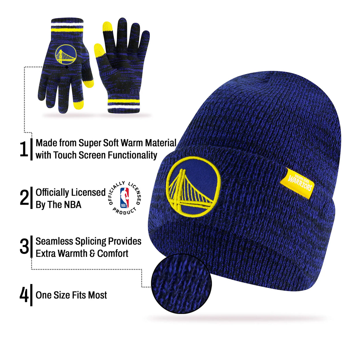Ultra Game Youth NBA Official Super Soft Winter Beanie Knit Hat With Extra Warm Touch Screen Gloves | Golden State Warriors
