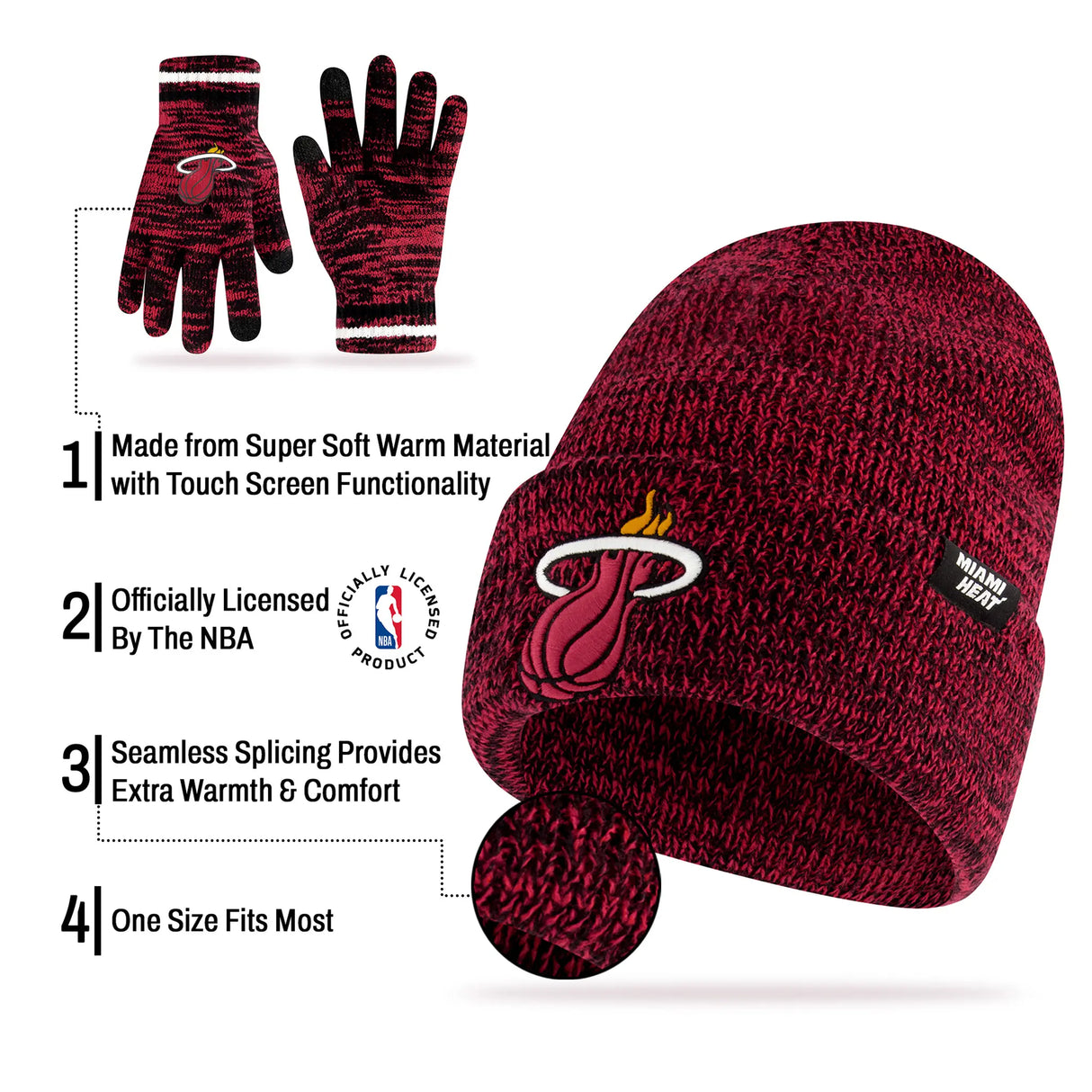 Ultra Game Youth NBA Official Super Soft Winter Beanie Knit Hat With Extra Warm Touch Screen Gloves | Miami Heat