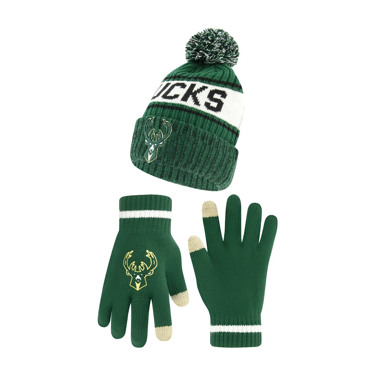 Ultra Game Youth NBA Official Super Soft Winter Beanie Knit Hat With Extra Warm Touch Screen Gloves | Milwaukee Bucks