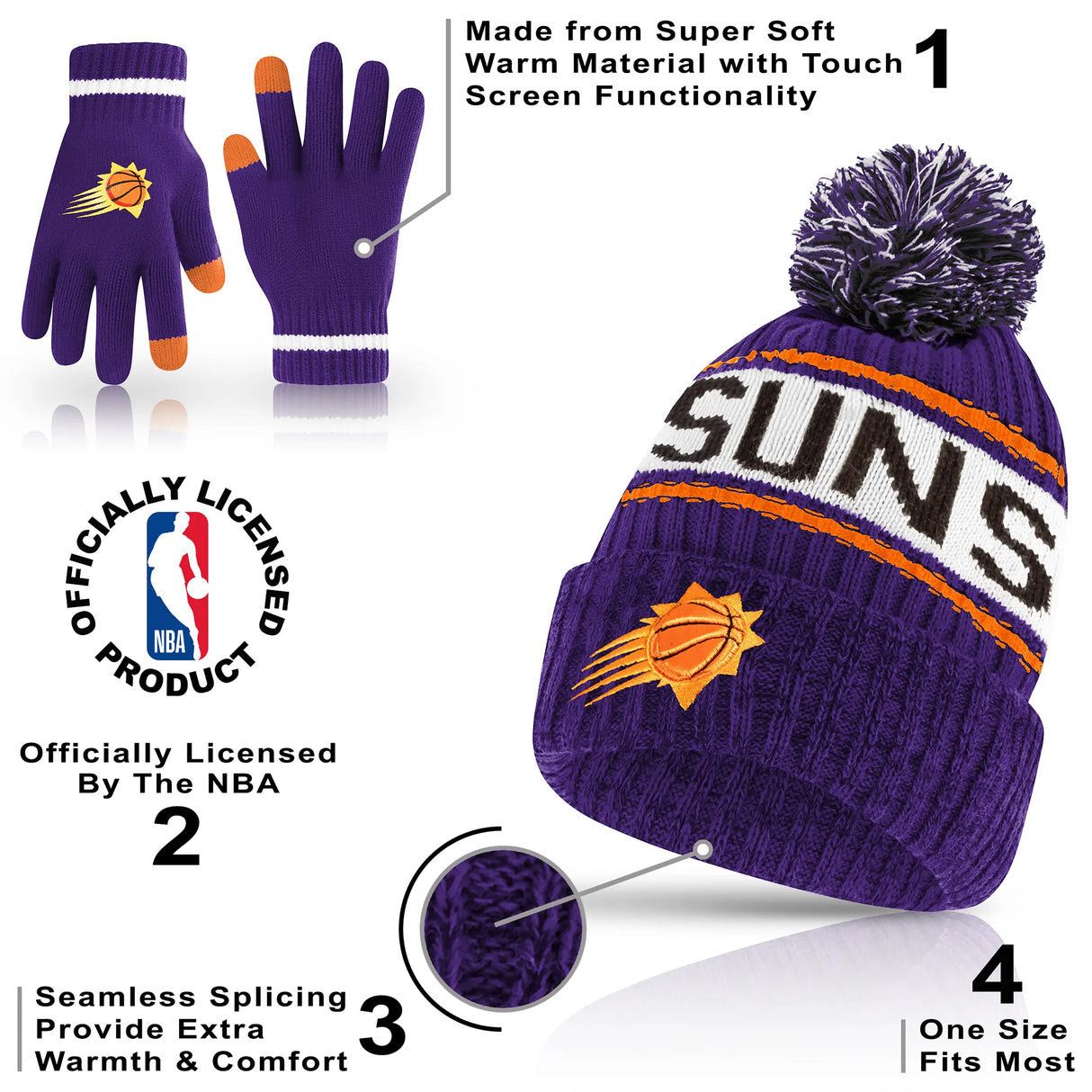 Ultra Game Youth NBA Official Super Soft Winter Beanie Knit Hat With Extra Warm Touch Screen Gloves | Phoenix Suns