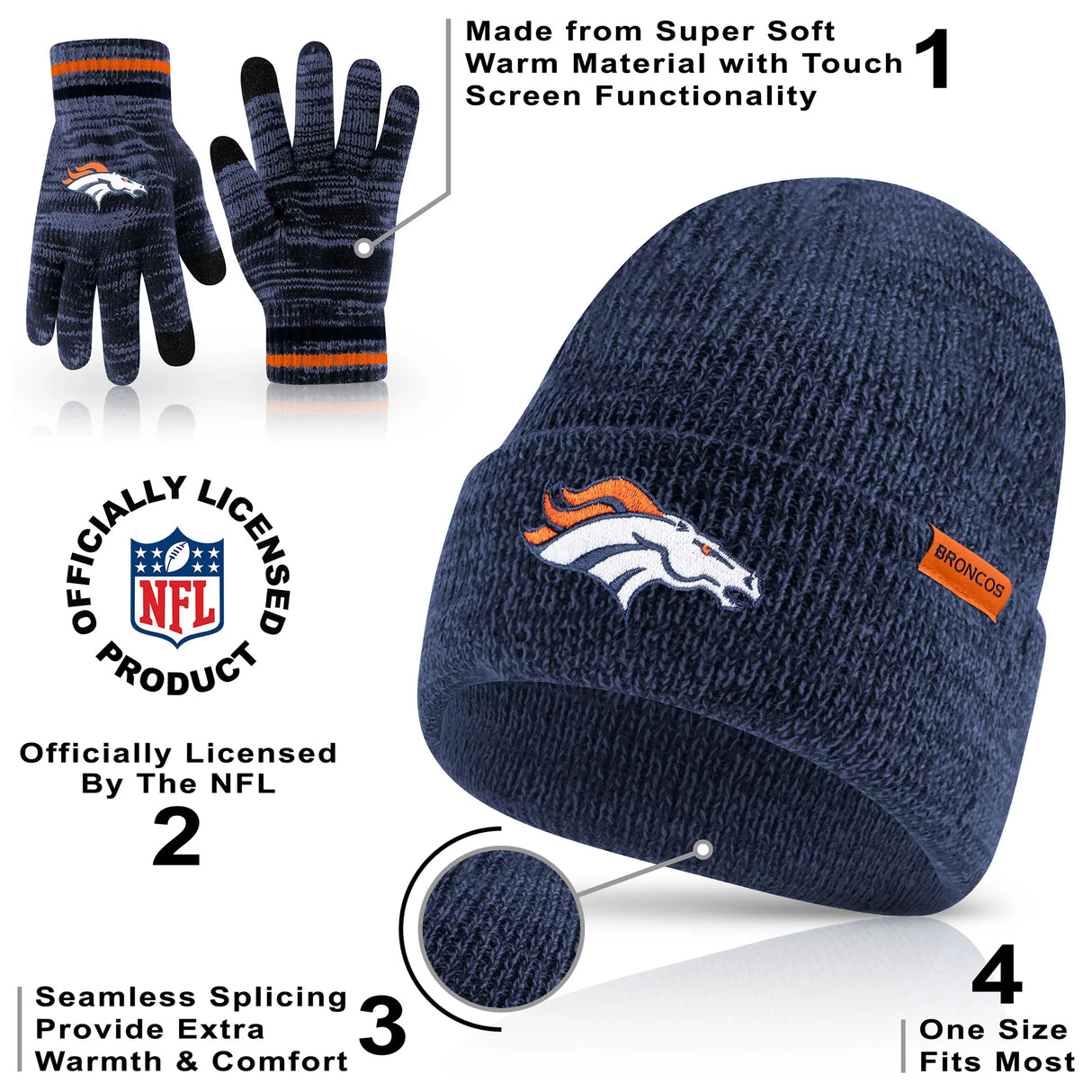 Ultra Game Youth NFL Official Super Soft Marl Knit Winter Beanie Knit Hat with Extra Warm Touch Screen Gloves | Denver Broncos
