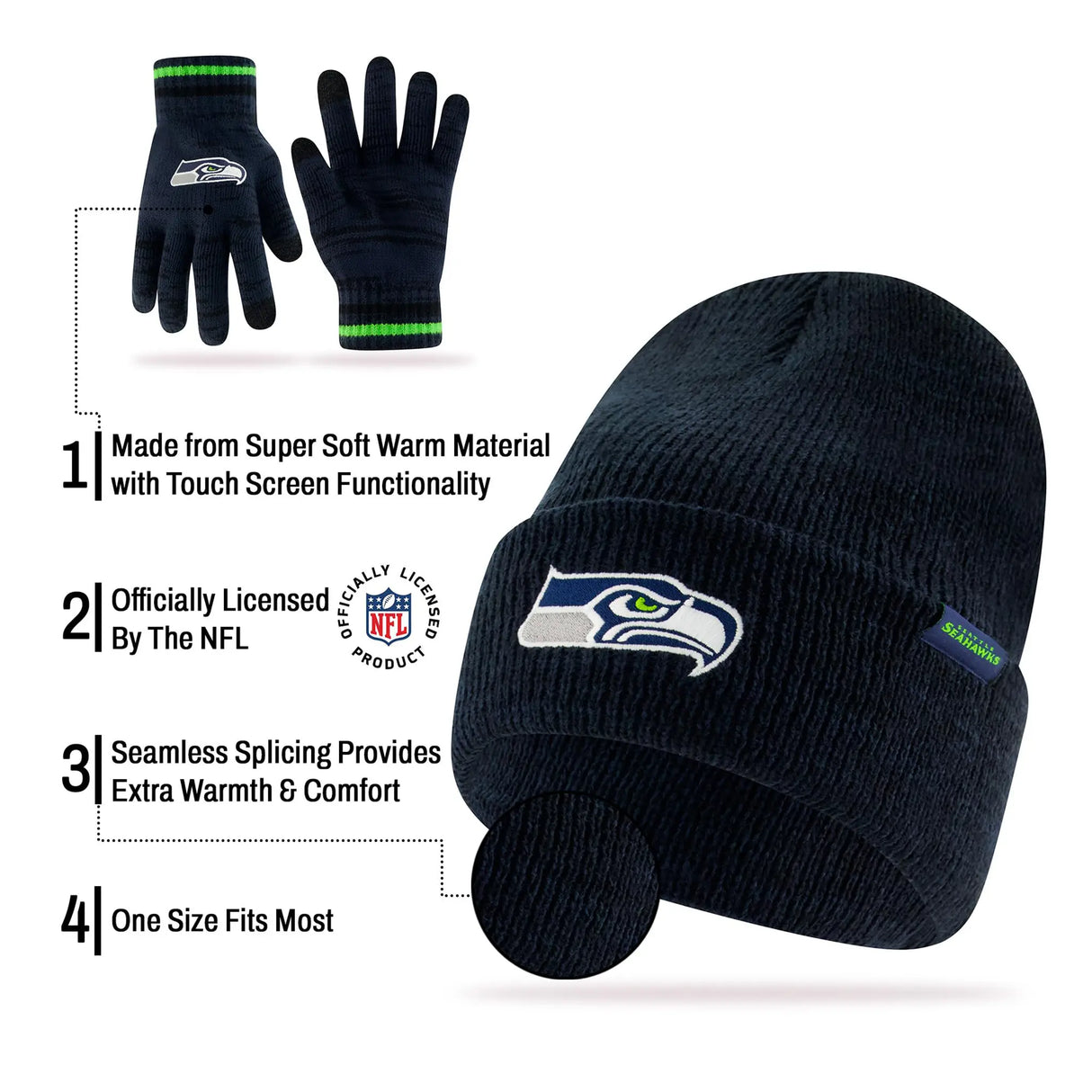 Ultra Game Youth NFL Official Super Soft Marl Knit Winter Beanie Knit Hat with Extra Warm Touch Screen Gloves | Seattle Seahawks