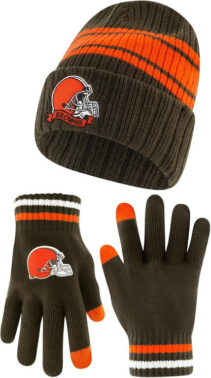 Ultra Game Youth NFL Official Super Soft Team Stripe Winter Beanie Knit Hat with Extra Warm Touch Screen Gloves|Cleveland Browns