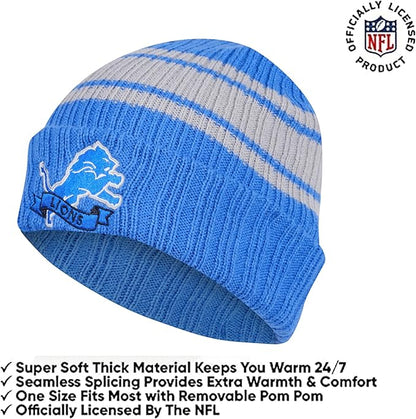 Ultra Game Youth NFL Official Super Soft Team Stripe Winter Beanie Knit Hat with Extra Warm Touch Screen Gloves|Detroit Lions