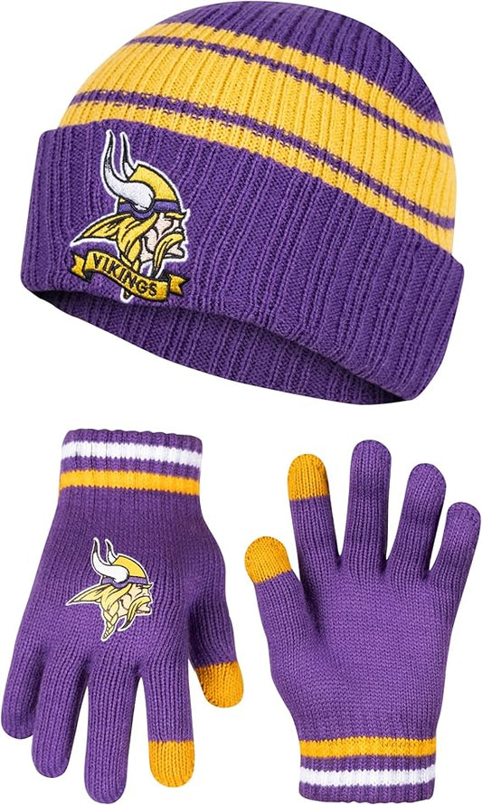 Ultra Game Youth NFL Official Super Soft Team Stripe Winter Beanie Knit Hat with Extra Warm Touch Screen Gloves|Minnesota Vikings