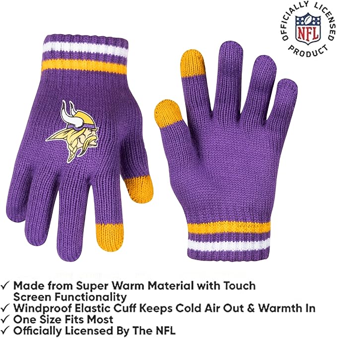 Ultra Game Youth NFL Official Super Soft Team Stripe Winter Beanie Knit Hat with Extra Warm Touch Screen Gloves|Minnesota Vikings