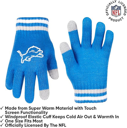 Ultra Game Youth NFL Official Super Soft Team Stripe Winter Beanie Knit Hat with Extra Warm Touch Screen Gloves|Detroit Lions