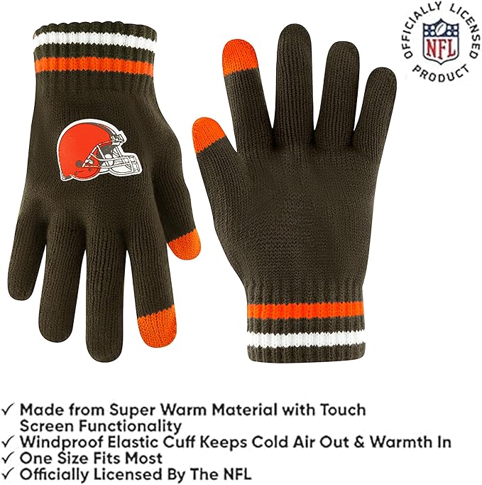 Ultra Game Youth NFL Official Super Soft Team Stripe Winter Beanie Knit Hat with Extra Warm Touch Screen Gloves|Cleveland Browns