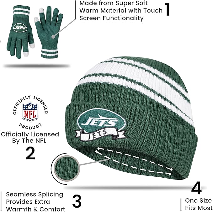 Ultra Game Youth NFL Official Super Soft Team Stripe Winter Beanie Knit Hat with Extra Warm Touch Screen Gloves|Detroit Lions