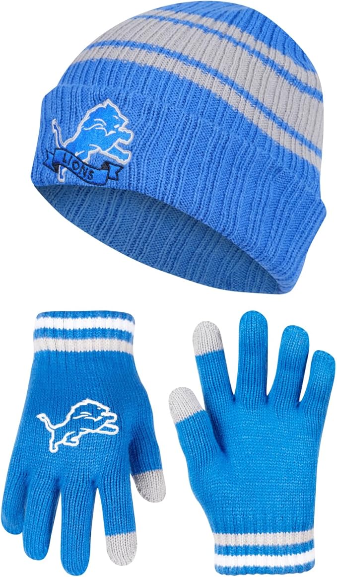 Ultra Game Youth NFL Official Super Soft Team Stripe Winter Beanie Knit Hat with Extra Warm Touch Screen Gloves|Detroit Lions