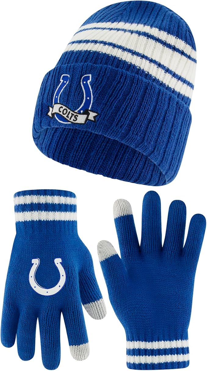 Ultra Game Youth NFL Official Super Soft Team Stripe Winter Beanie Knit Hat with Extra Warm Touch Screen Gloves|Indianapolis Colts