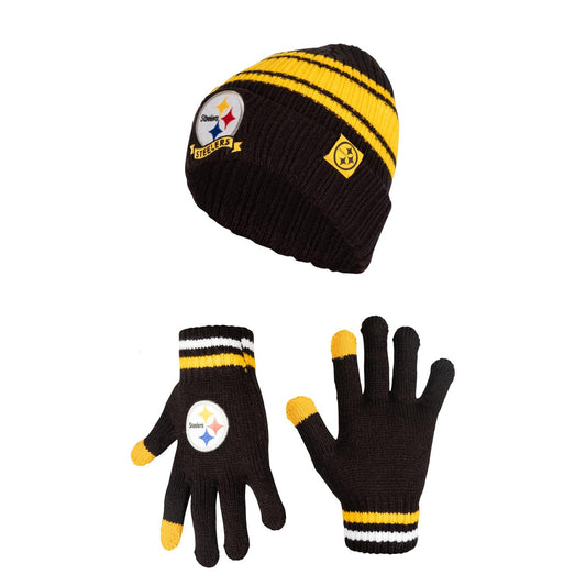 Ultra Game NFL Pittsburgh Steelers Youth Super Soft Team Stripe Winter Beanie Knit Hat with Extra Warm Touch Screen Gloves|Pittsburgh Steelers - UltraGameShop