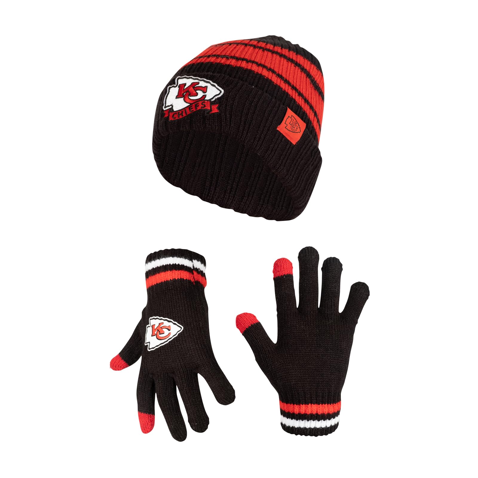 Ultra Game NFL Kansas City Chiefs Youth Super Soft Team Stripe Winter Beanie Knit Hat with Extra Warm Touch Screen Gloves|Kansas City Chiefs