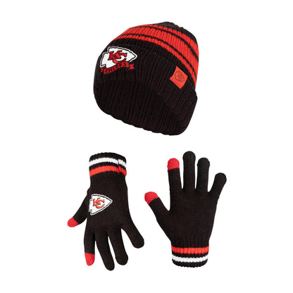 Ultra Game NFL Kansas City Chiefs Youth Super Soft Team Stripe Winter Beanie Knit Hat with Extra Warm Touch Screen Gloves|Kansas City Chiefs - UltraGameShop