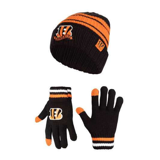 Ultra Game NFL Cincinnati Bengals Youth Super Soft Team Stripe Winter Beanie Knit Hat with Extra Warm Touch Screen Gloves|Cincinnati Bengals - UltraGameShop