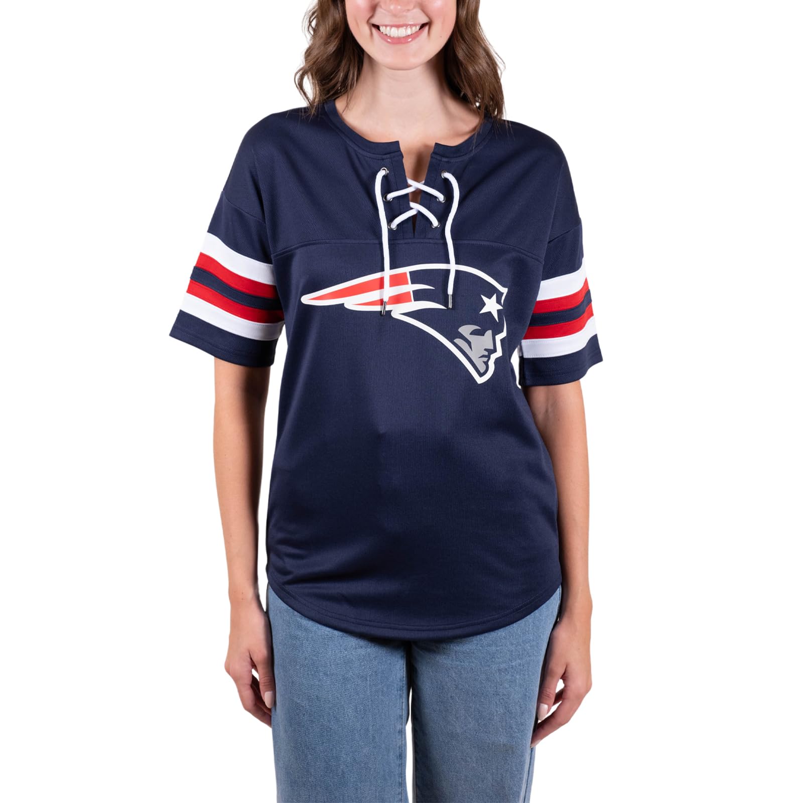 Ultra Game NFL New England Patriots Womens Standard Lace Up Tee Shirt Penalty Box|New England Patriots - UltraGameShop