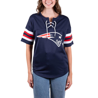 Ultra Game NFL New England Patriots Womens Standard Lace Up Tee Shirt Penalty Box|New England Patriots - UltraGameShop