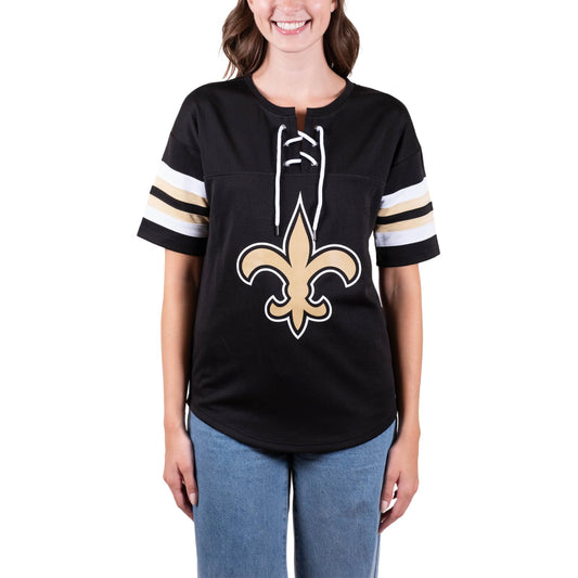 Ultra Game NFL New Orleans Saints Womens Standard Lace Up Tee Shirt Penalty Box|New Orleans Saints - UltraGameShop