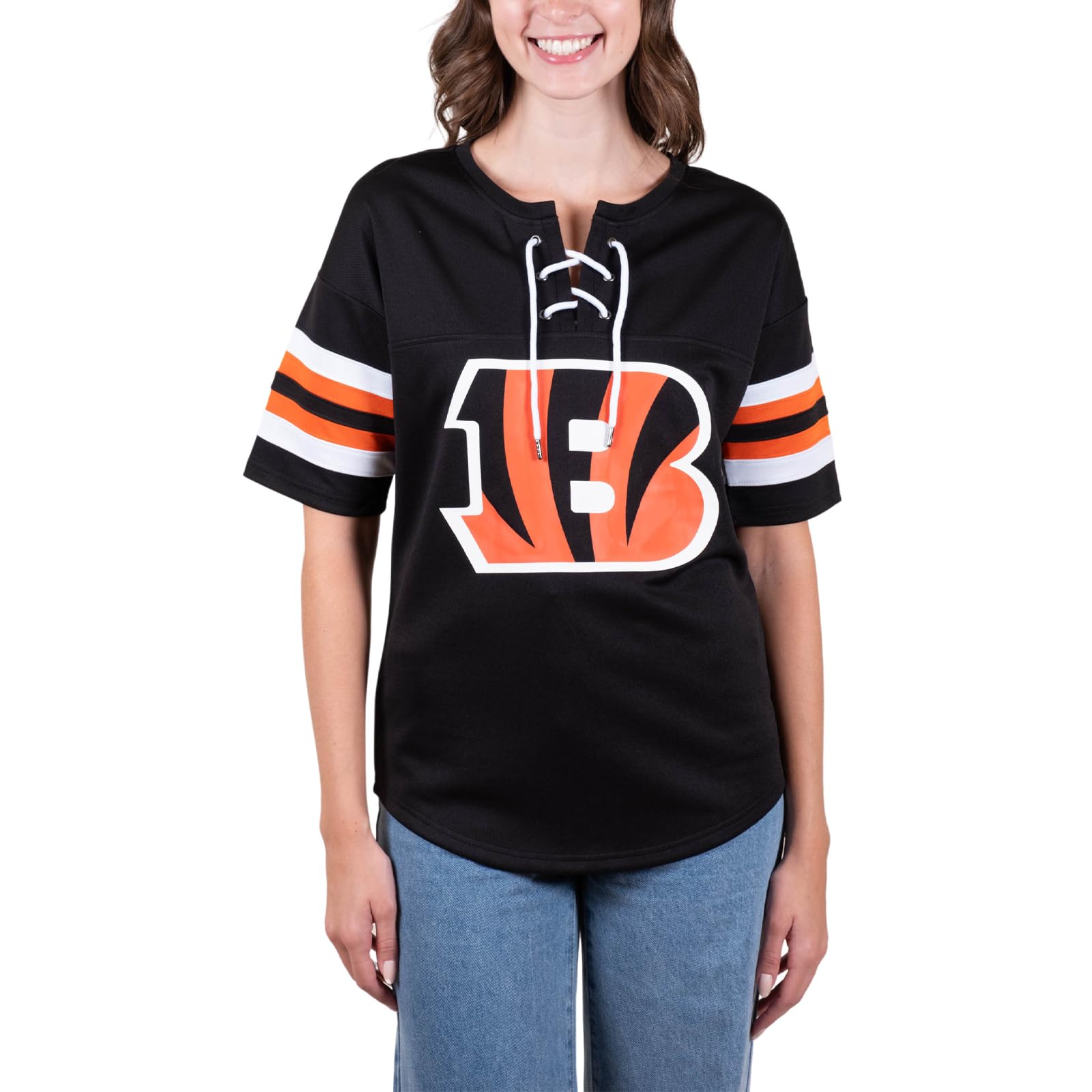 Ultra Game NFL Cincinnati Bengals Womens Standard Lace Up Tee Shirt Penalty Box|Cincinnati Bengals - UltraGameShop