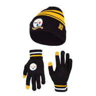 Ultra Game NFL Pittsburgh Steelers Womens Super Soft Team Stripe Winter Beanie Knit Hat with Extra Warm Touch Screen Gloves|Pittsburgh Steelers