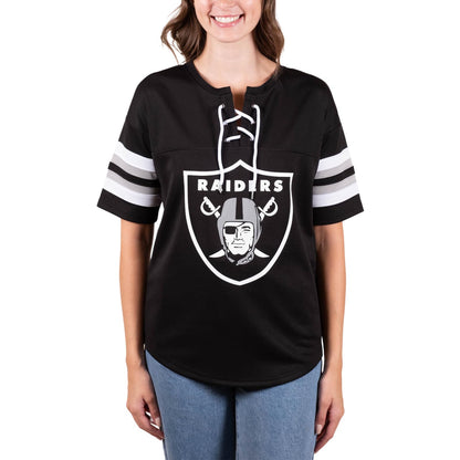 Ultra Game NFL Las Vegas Raiders Womens Standard Lace Up Tee Shirt Penalty Box|Las Vegas Raiders - UltraGameShop