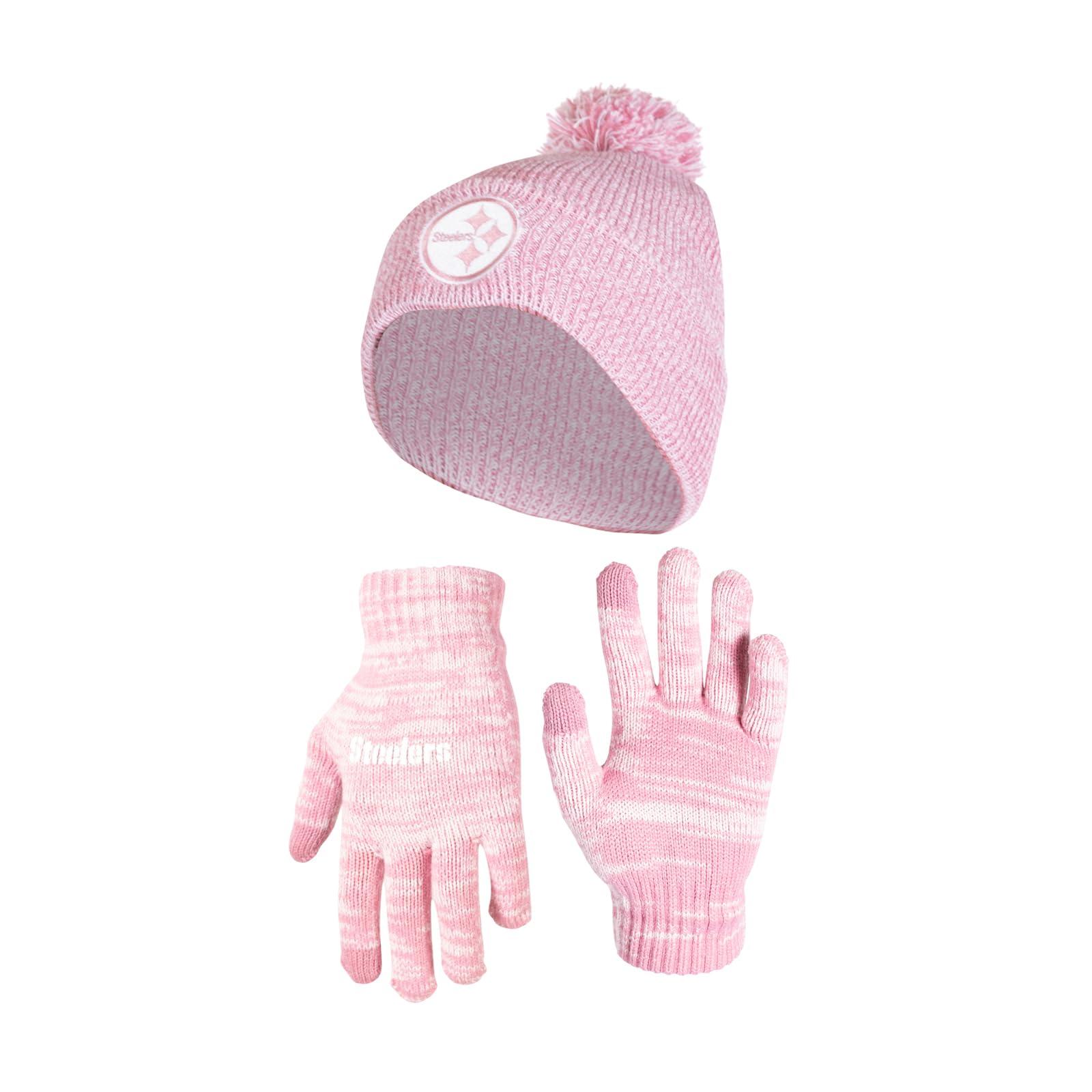 Ultra Game NFL Pittsburgh Steelers Womens Super Soft Pink Marl Winter Beanie Knit Hat with Extra Warm Touch Screen Gloves|Pittsburgh Steelers - UltraGameShop