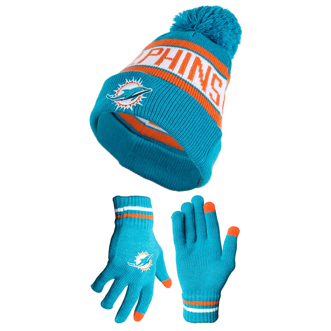 Ultra Game NFL Miami Dolphins Unisex Super Soft Winter Beanie Knit Hat With Extra Warm Touch Screen Gloves|Miami Dolphins - UltraGameShop