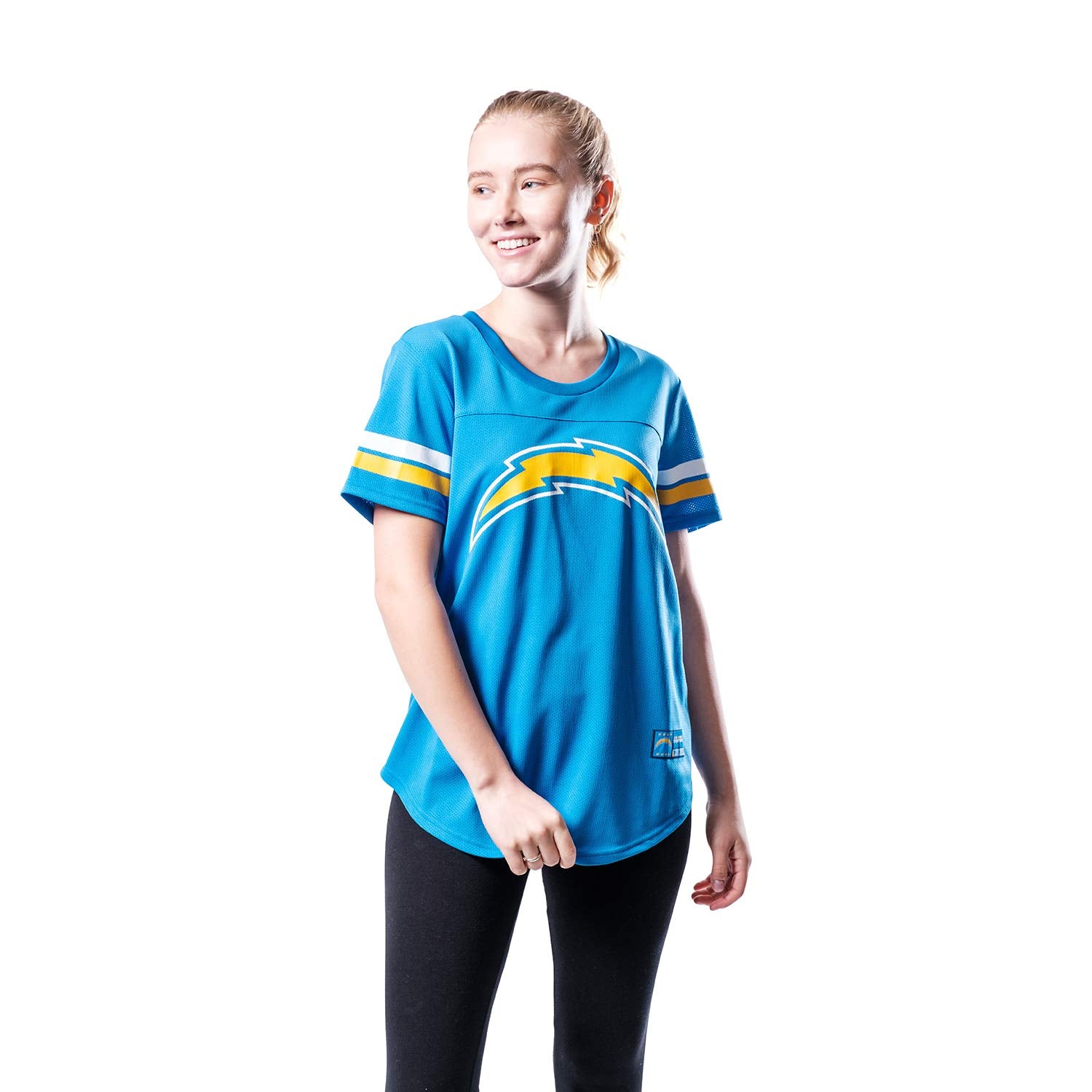 Ultra Game NFL Los Angeles Chargers Womens Soft Mesh Varsity Stripe T-Shirt|Los Angeles Chargers - UltraGameShop