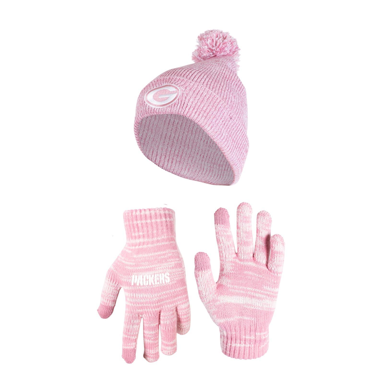 Ultra Game NFL Green Bay Packers Womens Super Soft Pink Marl Winter Beanie Knit Hat with Extra Warm Touch Screen Gloves|Green Bay Packers - UltraGameShop